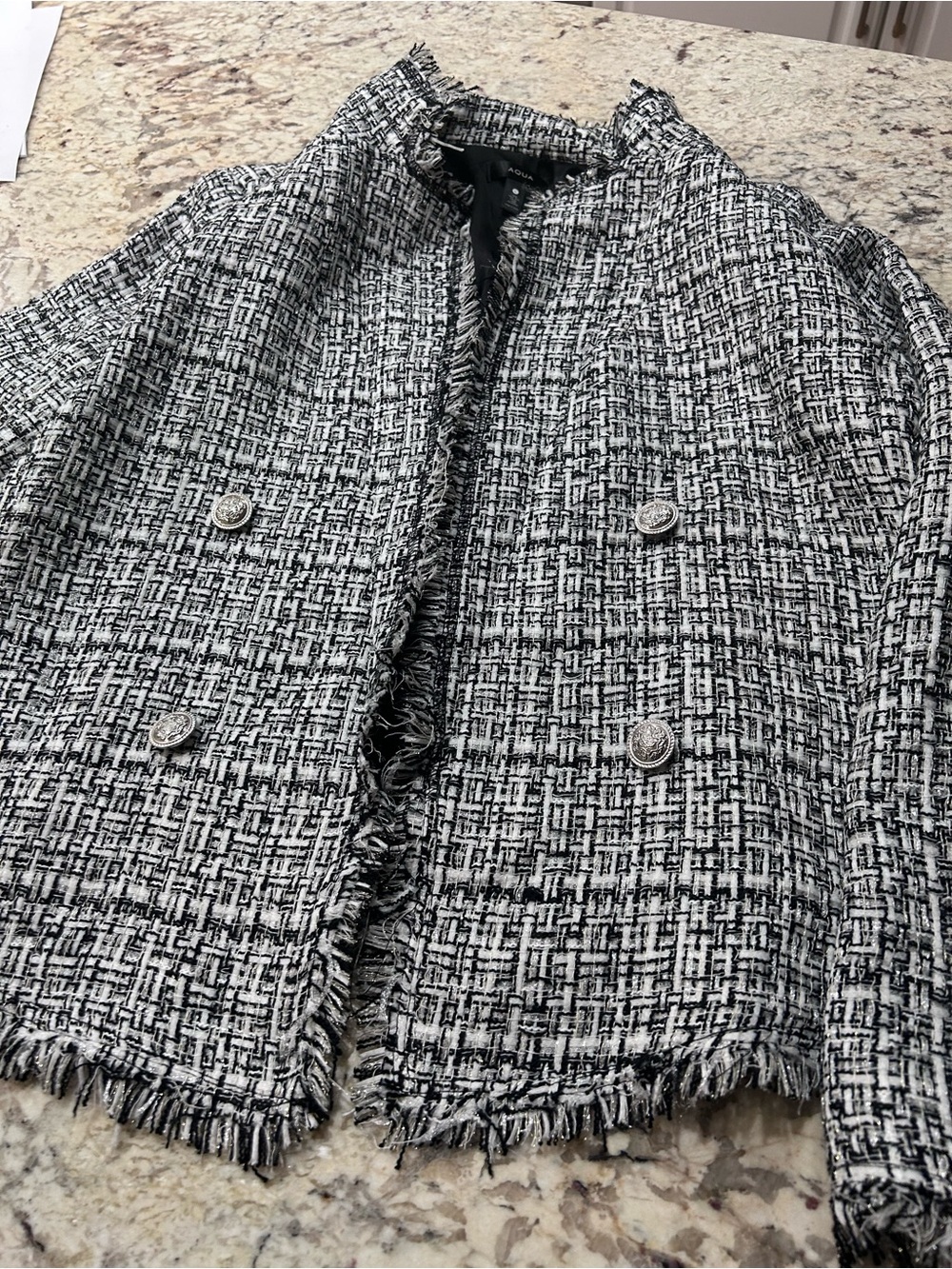 Aqua Black and White Tweed Fringe Blazer